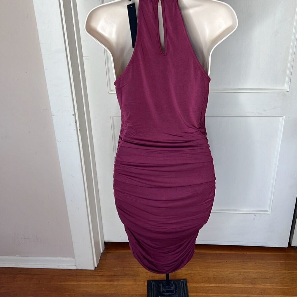 Krisa Ruched Halter Bodycon Mini Dress In Burgundy NWT Size Small - Picture 4 of 5